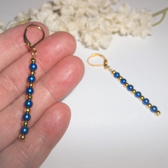 Blue and Gold Earrings, Blue Pearl Earrings, Blue Dangle Earrings, Earrings 7770 - Picture 6 of 8